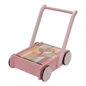 Drewniany wózek, pchacz, z klockami, różowy, flowers - Little Dutch