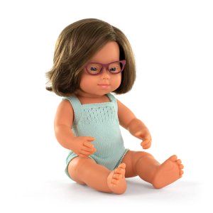 Pachnąca lalka, dziewczynka, Europejka, Zespół Downa, Colourful Edition, z okularami, 38 cm - Miniland